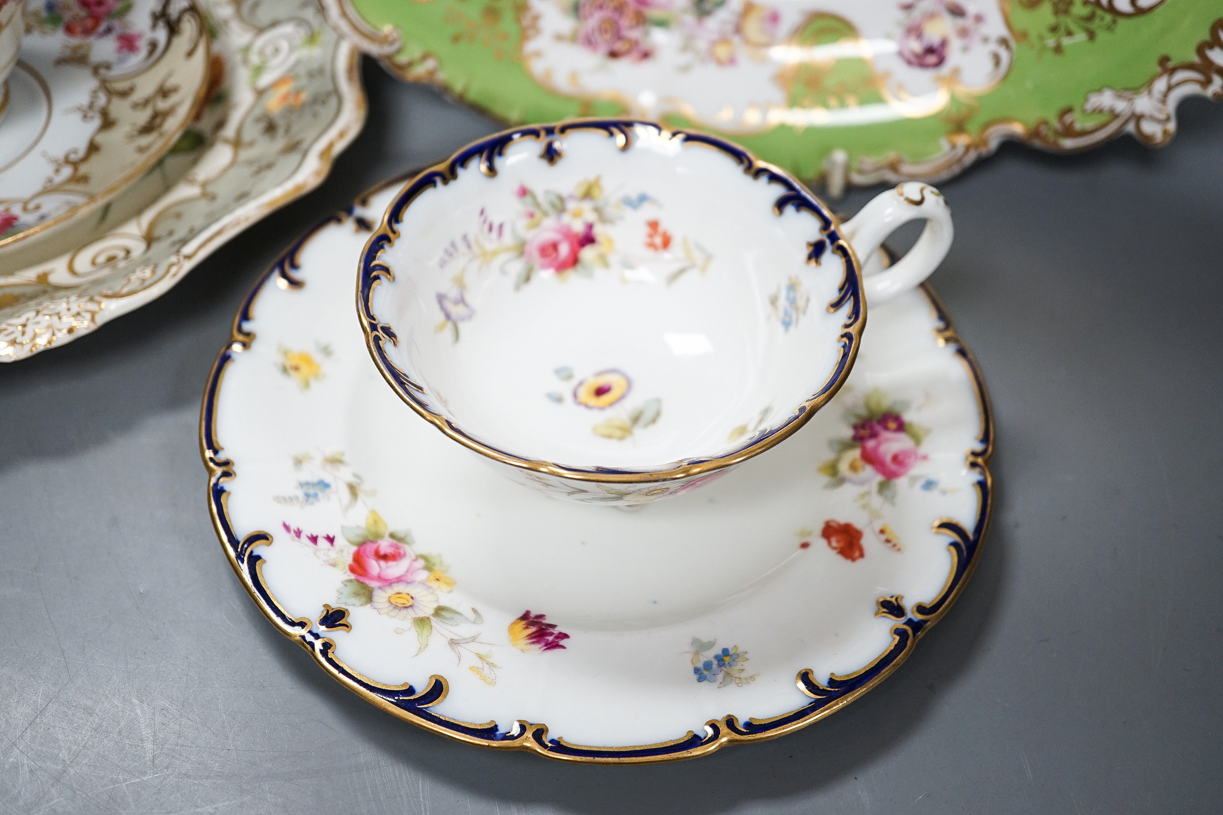 A Copeland and Garrett porcelain part dessert service, a Ridgway type porcelain part desert service and a Cauldon part tea set